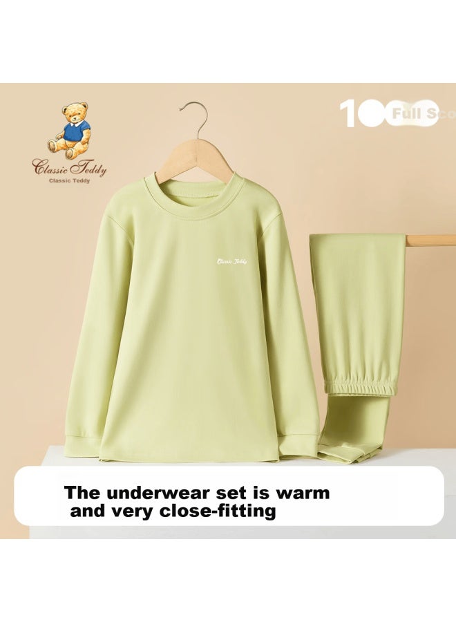 Classic Teddy طقم بيجامة كلاسيكي للأطفال الأولاد والبنات ملابس منزلية خريفية طقم من قطعتين باللون الأخضر الفاكهي 120 - Image 1