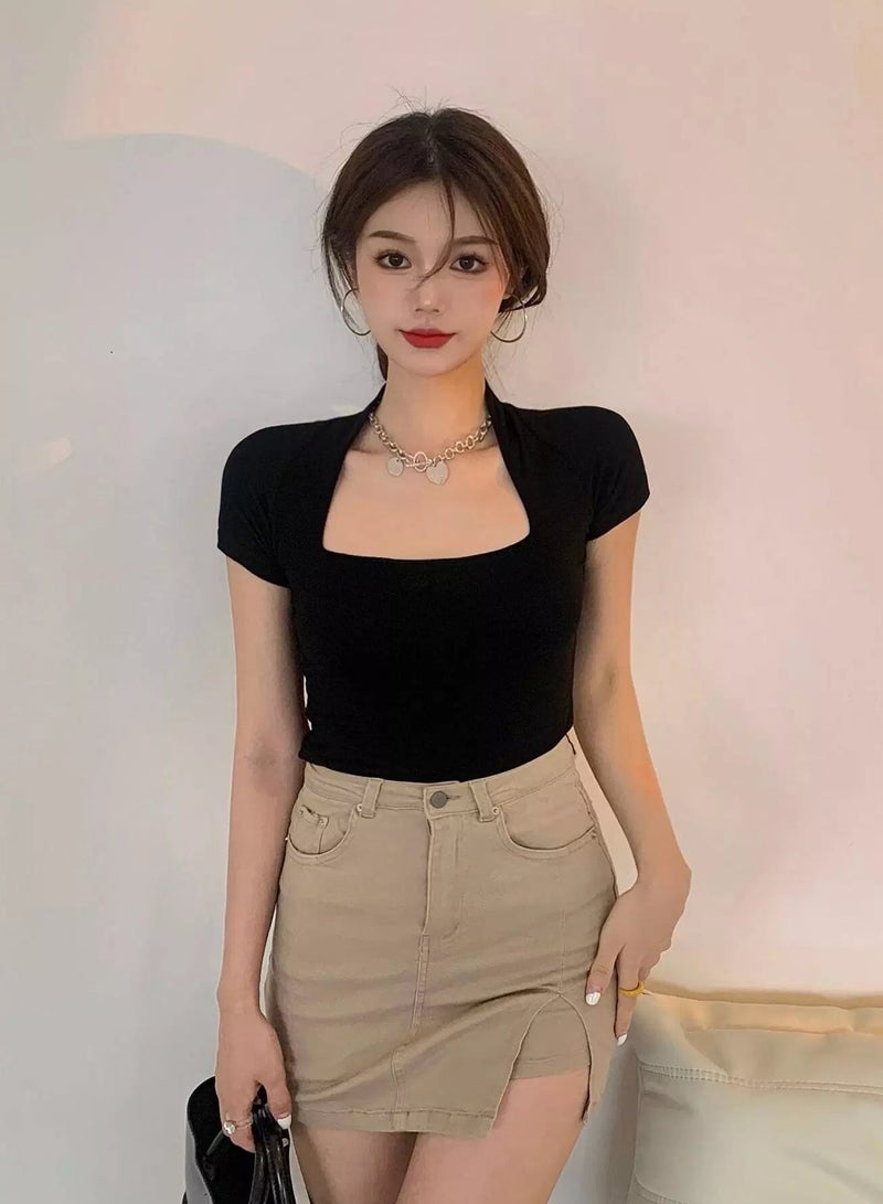 Solid Queen Anne Neck Tee - Image 3