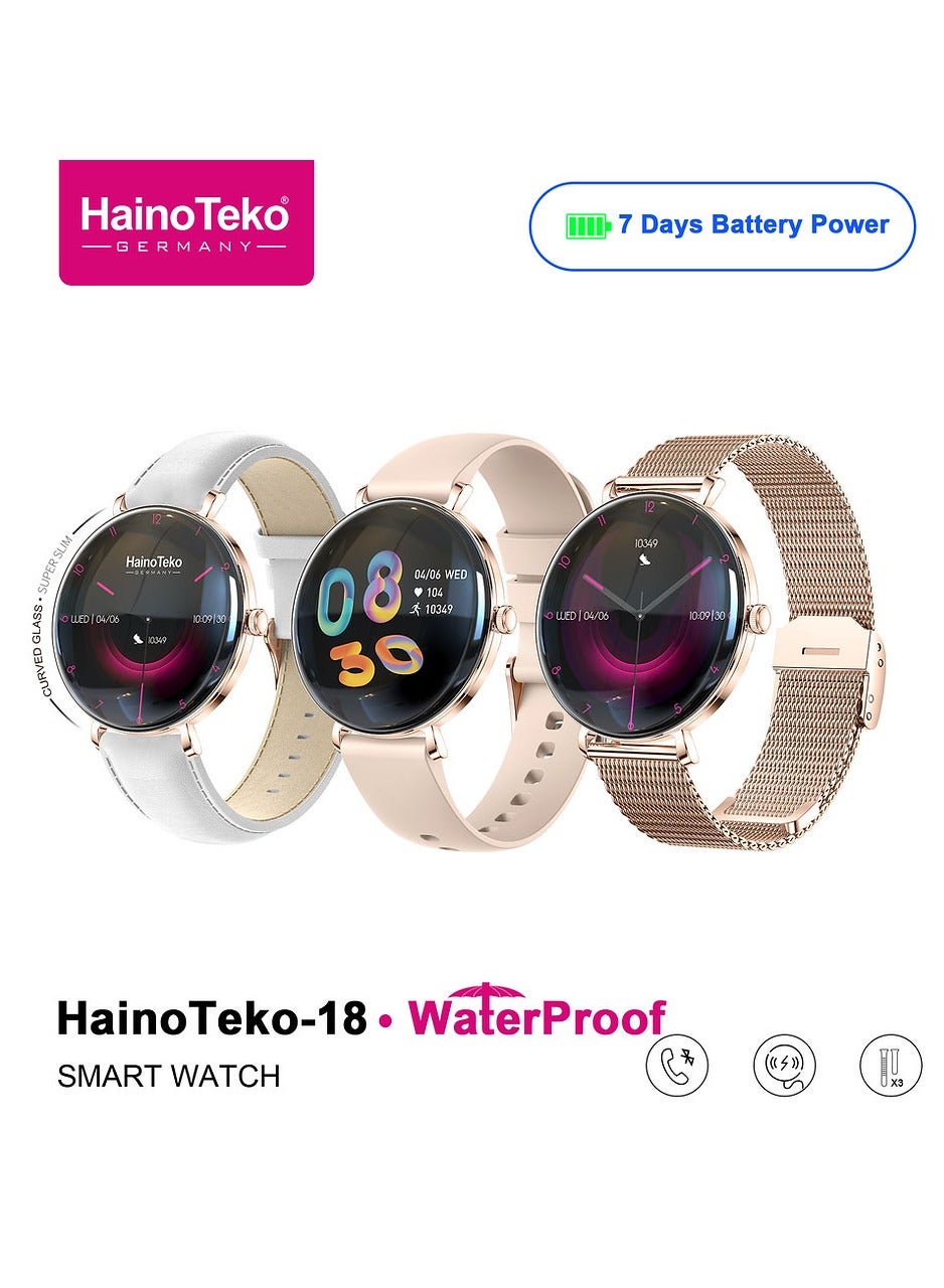 Haino Teko HainoTeko-18 Waterproof Smart Watch With Round Shape AMOLED Display BT Calling Support 3 Pair Straps and Charging Cable Designed for Ladies Gold