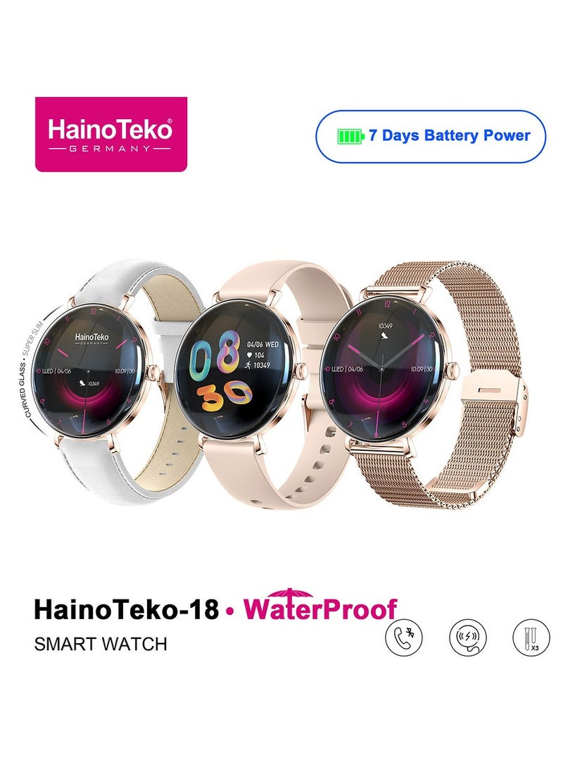 Haino Teko HainoTeko-18 Waterproof Smart Watch With Round Shape AMOLED Display BT Calling Support 3 Pair Straps and Charging Cable Designed for Ladies Gold  - Image 1