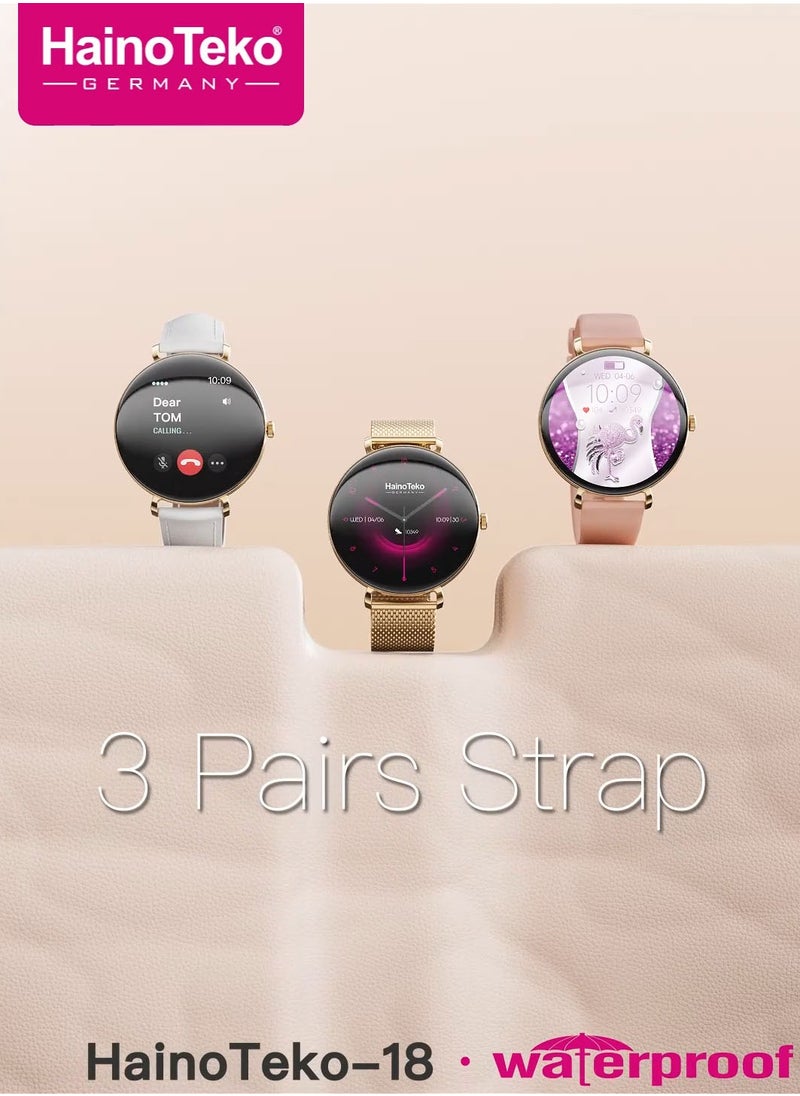 HainoTeko-18 Waterproof Smart Watch With Round Shape AMOLED Display BT Calling Support 3 Pair Straps and Charging Cable Designed for Ladies Gold