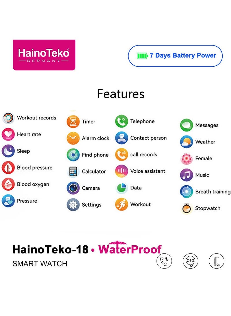 HainoTeko-18 Waterproof Smart Watch With Round Shape AMOLED Display BT Calling Support 3 Pair Straps and Charging Cable Designed for Ladies Gold