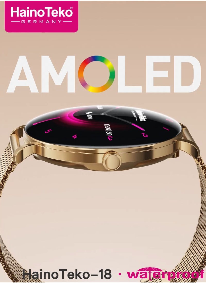 HainoTeko-18 Waterproof Smart Watch With Round Shape AMOLED Display BT Calling Support 3 Pair Straps and Charging Cable Designed for Ladies Gold