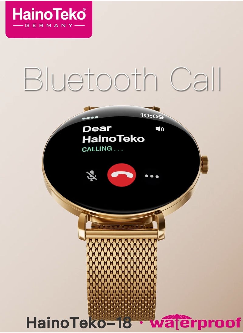 HainoTeko-18 Waterproof Smart Watch With Round Shape AMOLED Display BT Calling Support 3 Pair Straps and Charging Cable Designed for Ladies Gold