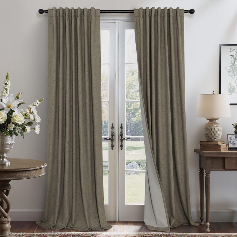 Pitalk Brown Blackout Faux Linen Curtains and Drapes for Bedroom 52x84 Inches Long - Image 1
