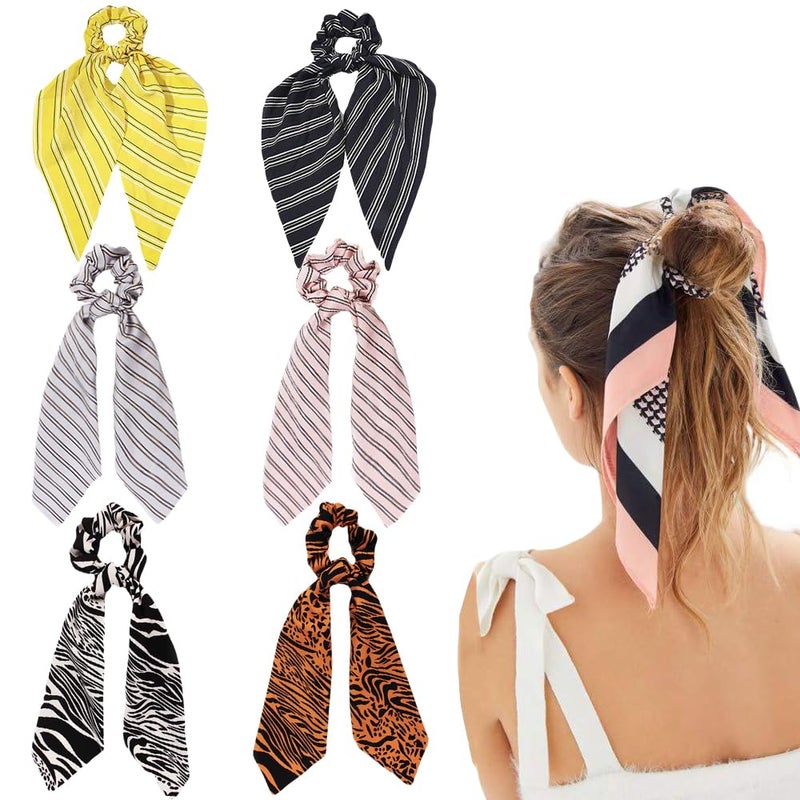 DINPREY 6 Pcs Stripe Scarf Scrunchies Silk Satin Scarf Chiffon Scrunchies Gingham Stripe Hair Scarves Soft Plaid Scarf Hair Ties Bowknot Ponytail Holder 6 Pcs Striped scarf