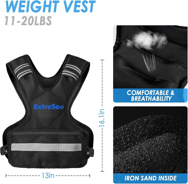 سترة أثقال قابلة للتعديل من ExtreSpo للنساء والرجال، سترة أثقال 4-10lb/11-20lb مع 6 أوزان رمل حديدي، مجموعة تمارين سترة الأثقال مع شريط عاكس لتدريب القوة والتمرين - Image 3