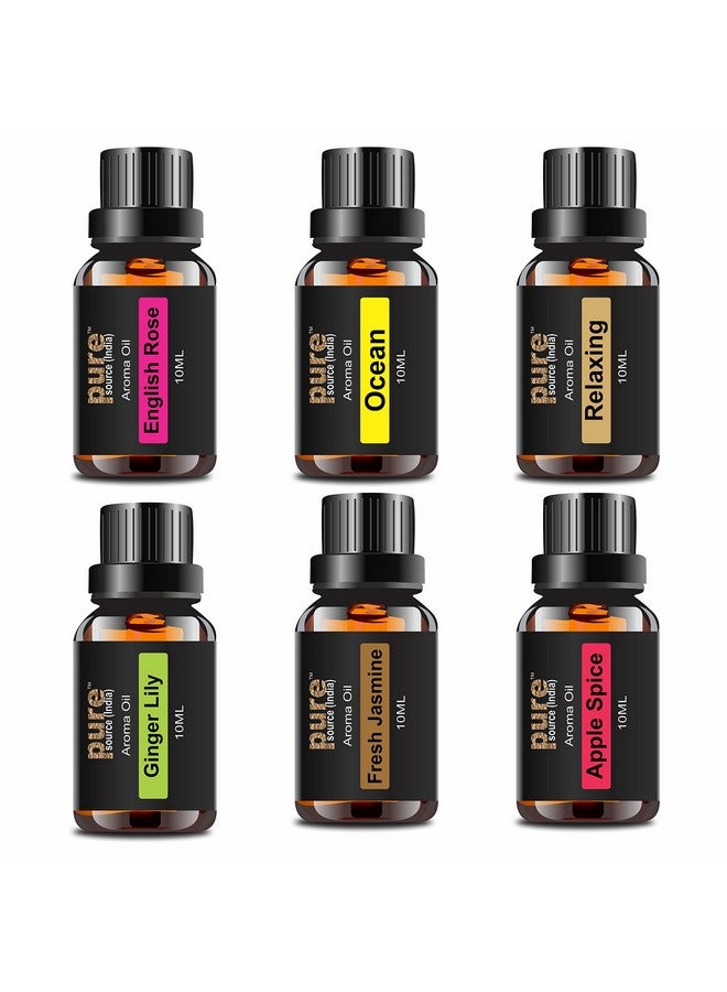 بيور سورس انديا زيت عطري من Pure Source India (مهدئ، الورد الإنجليزي، الياسمين الطازج، توابل التفاح، زنبق المحيط والزنجبيل)، 10 مل لكل منهما، متعدد الألوان - عبوة من 6 قطع - Image 1