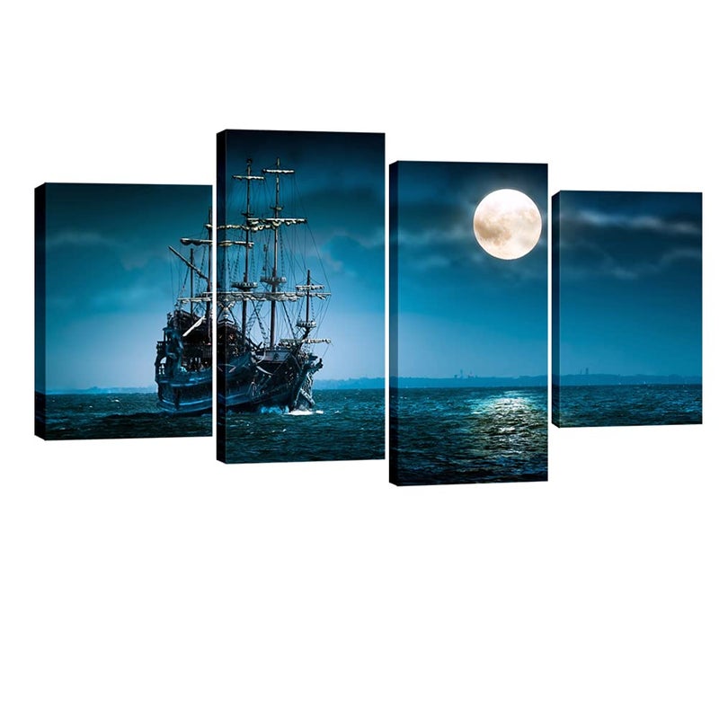 Pyradecor Night Navigation 4 Piece Modern Stretched Seascape Artwork Canvas Prints Moon Pictures Paintings on Canvas Wall Art for Living Room Bedroom Home Decorations - Image 1