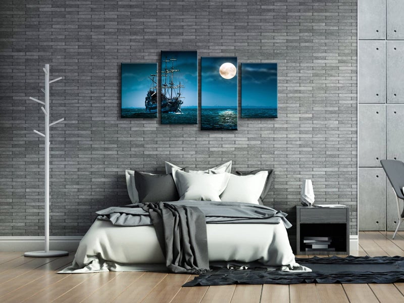 Pyradecor Night Navigation 4 Piece Modern Stretched Seascape Artwork Canvas Prints Moon Pictures Paintings on Canvas Wall Art for Living Room Bedroom Home Decorations - Image 2