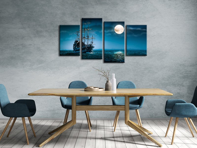 Pyradecor Night Navigation 4 Piece Modern Stretched Seascape Artwork Canvas Prints Moon Pictures Paintings on Canvas Wall Art for Living Room Bedroom Home Decorations - Image 5
