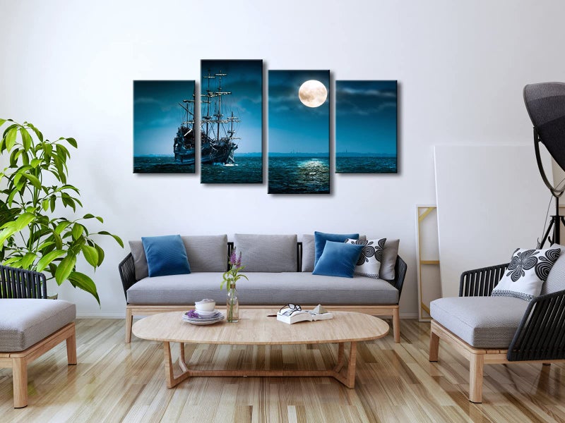 Pyradecor Night Navigation 4 Piece Modern Stretched Seascape Artwork Canvas Prints Moon Pictures Paintings on Canvas Wall Art for Living Room Bedroom Home Decorations - Image 3