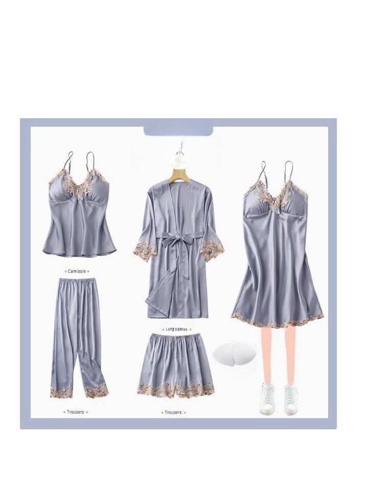 Pajama Women's Ice Silk Five Piece Set With High-End Feel And Chest Cushion Silk Home Suit Set - Image 1