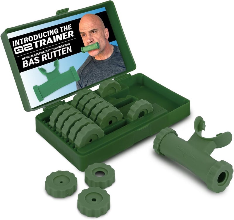 Bas Rutten Bas Rutten O2Trainer Breathing Muscle Training Device Lung Power Endurance Tool for Athletes Singers HighAltitude Performance Diaphragmatic Respiratory Trainer 16 Resistance Caps Green