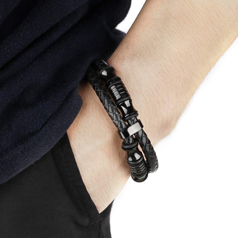 Vientiq Black Braided Leather Bracelet For Men - Image 3