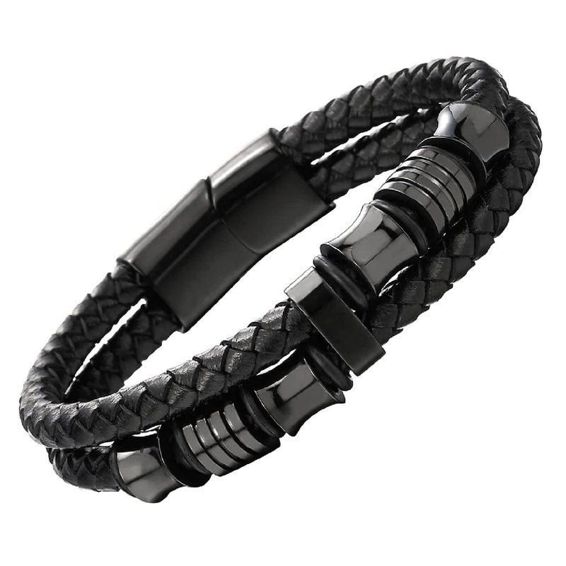 Vientiq Black Braided Leather Bracelet For Men - Image 1