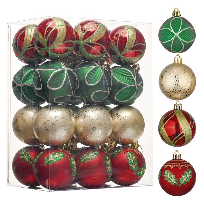 CHRISTMAS TREE DECORATIONS SET 24CT RED GREEN AND GOLD SHATTERPROOF CHRISTMAS BALL ORNAMENTS BULK 236 INCHES TRADITIONAL COUNTRY HANGING ORNAMENTS FOR XMAS DECOR