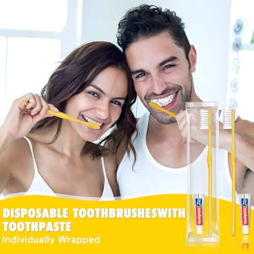 HOFASON Disposable Toothbrushes with Toothpaste Pack of 200, Bulk Travel Toothpaste and Toothbrush Set Yellow Hollow Toothbrush 5g Tooth Paste Individually Wrapped for Homeless Shelter Charity Hotel - Image 2