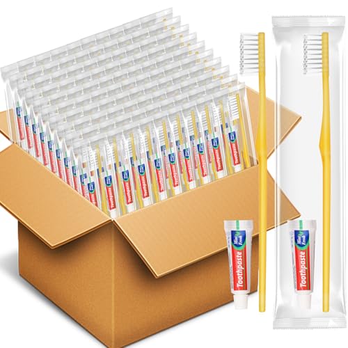 HOFASON Disposable Toothbrushes with Toothpaste Pack of 200, Bulk Travel Toothpaste and Toothbrush Set Yellow Hollow Toothbrush 5g Tooth Paste Individually Wrapped for Homeless Shelter Charity Hotel - Image 1