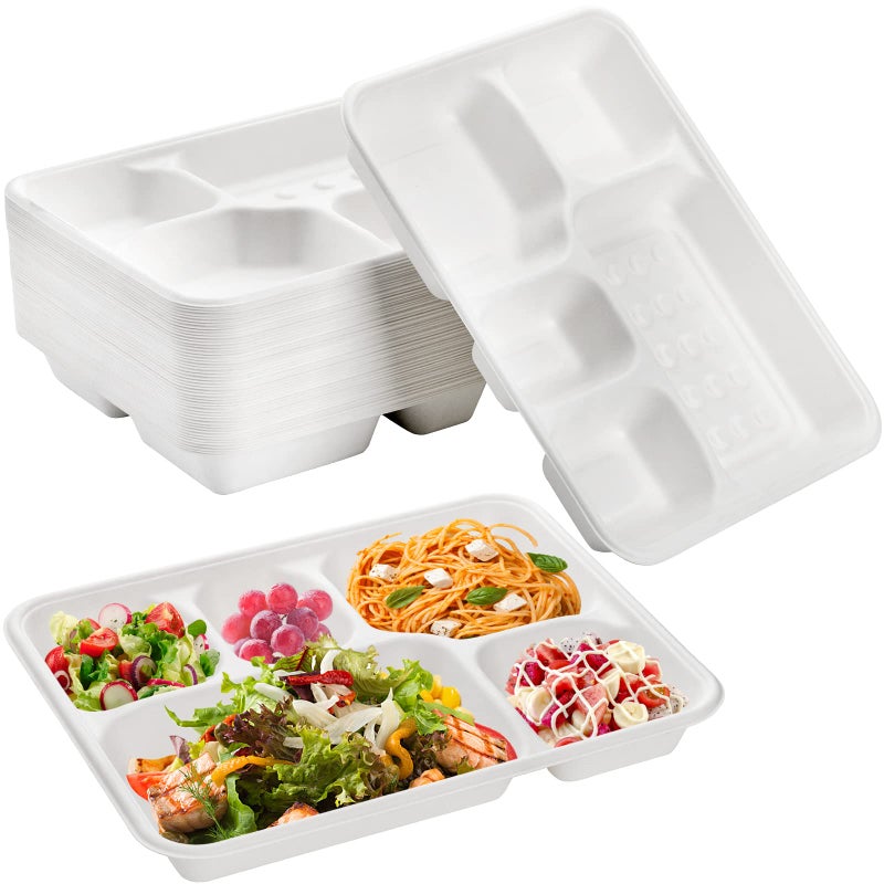 Hacaroa 50 Pack 5Compartment Compostable Paper Plates Natural Disposable Bagasse School Lunch Trays Deep Divided Plates for Party Picnic Biodegradable White
