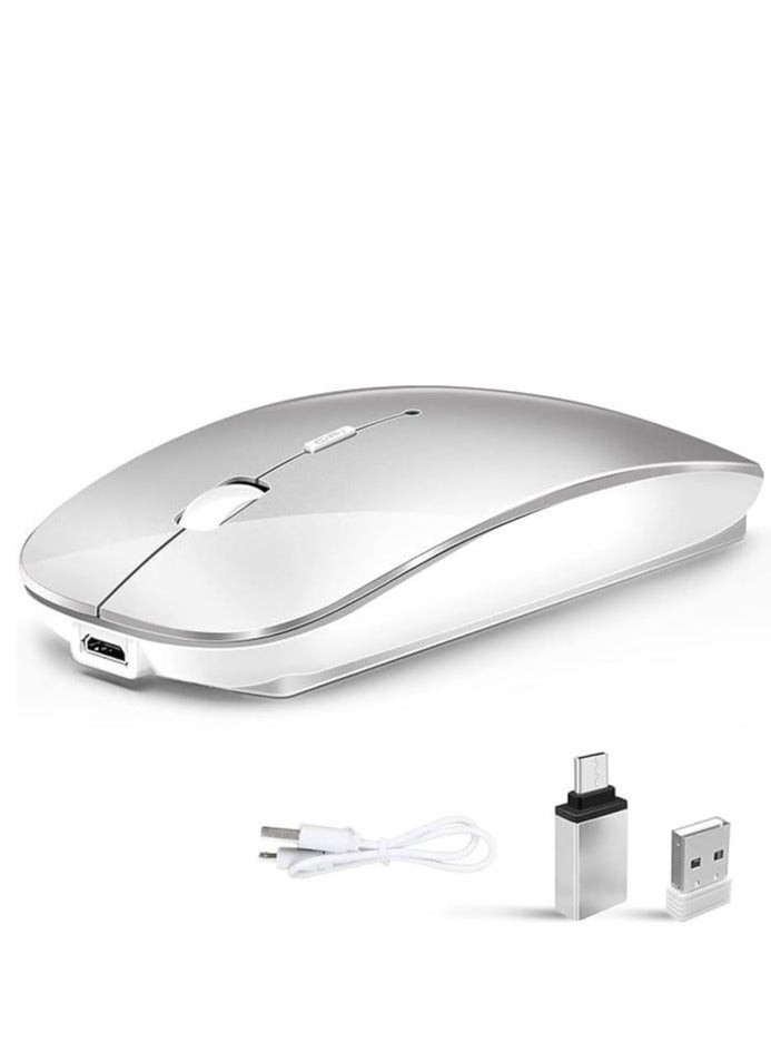Wireless Bluetooth Mouse, Bluetooth 5.1 + USB, 2.4GHz Rechargeable Silent Bluetooth Wireless Mouse, Computer Mice with USB Receiver(Silver)  - Image 1