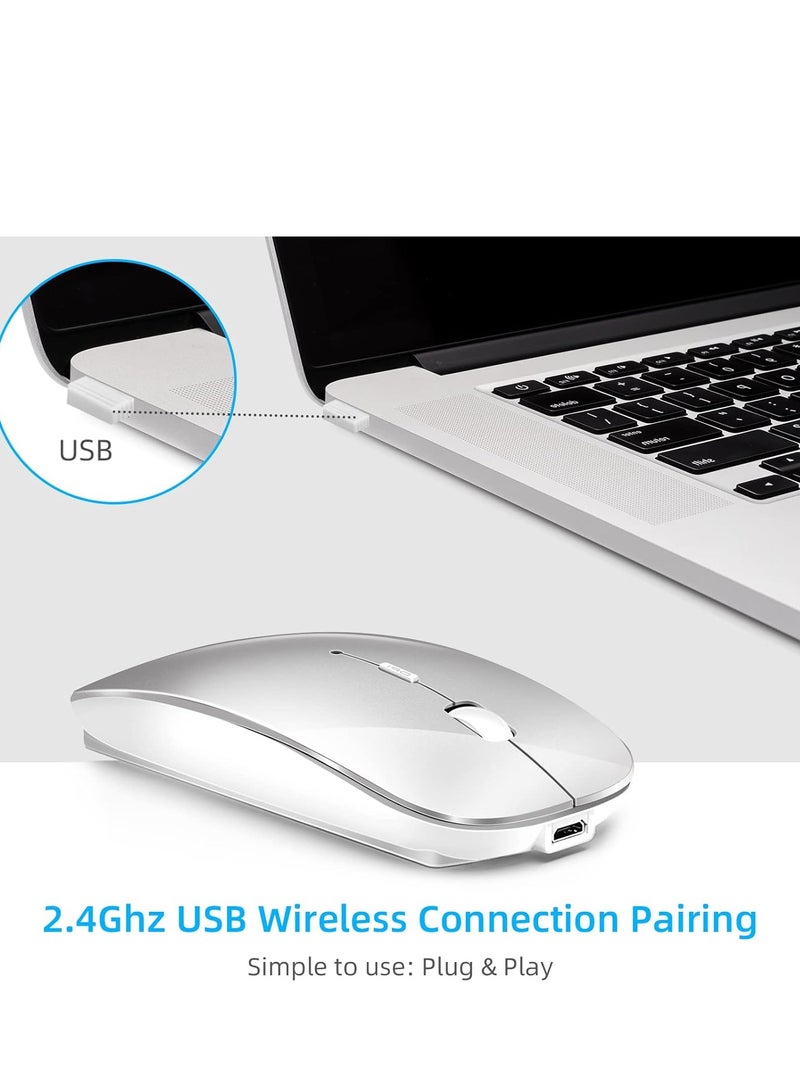 Wireless Bluetooth Mouse, Bluetooth 5.1 + USB, 2.4GHz Rechargeable Silent Bluetooth Wireless Mouse, Computer Mice with USB Receiver(Silver)  - Image 5