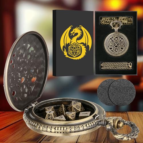 Keller & Weber Mini DND Dice Set with Steampunk Hollow Gear Pocket Watch Case Tiny 7Piece Polyhedral Metal DD Dice DND Gifts with Gift Box Role Playing Game Board Game Accessories Dice Bronze - Image 5