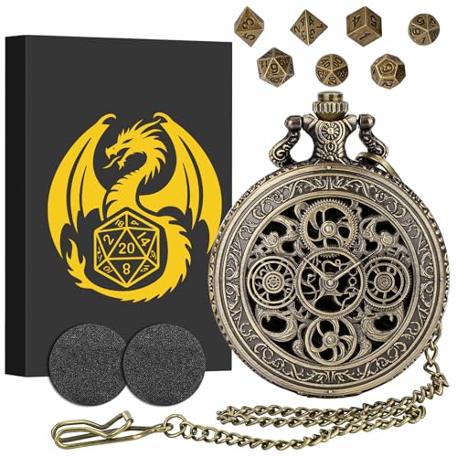 Keller & Weber Mini DND Dice Set with Steampunk Hollow Gear Pocket Watch Case Tiny 7Piece Polyhedral Metal DD Dice DND Gifts with Gift Box Role Playing Game Board Game Accessories Dice Bronze - Image 1