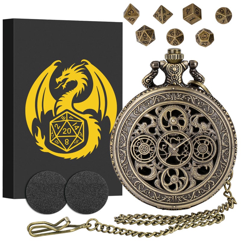 Keller & Weber Mini DND Dice Set with Steampunk Hollow Gear Pocket Watch Case Tiny 7Piece Polyhedral Metal DD Dice DND Gifts with Gift Box Role Playing Game Board Game Accessories Dice Bronze - Image 3