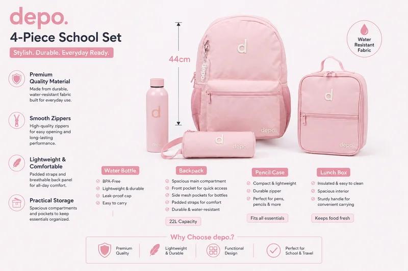 Depo DEPO 4-Piece School Set for Kids – Light Pink, 44cm Backpack with Lunch Box, Pencil Case & Water Bottle