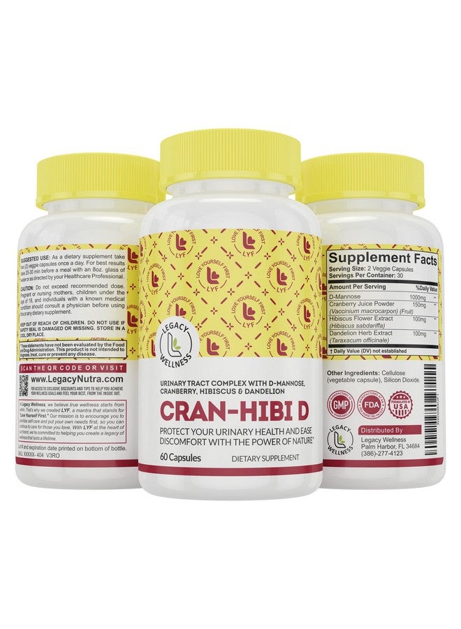 LegacyNutra Legacy Wellness Cran-Hibi-D: D Mannose with Cranberry, Hibiscus & Dandelion Capsules - Urinary Tract Health - Natural Cleanse, Bladder Support, Detox Flush, Herbal UT Supplement Pills for Men & Women - Image 1