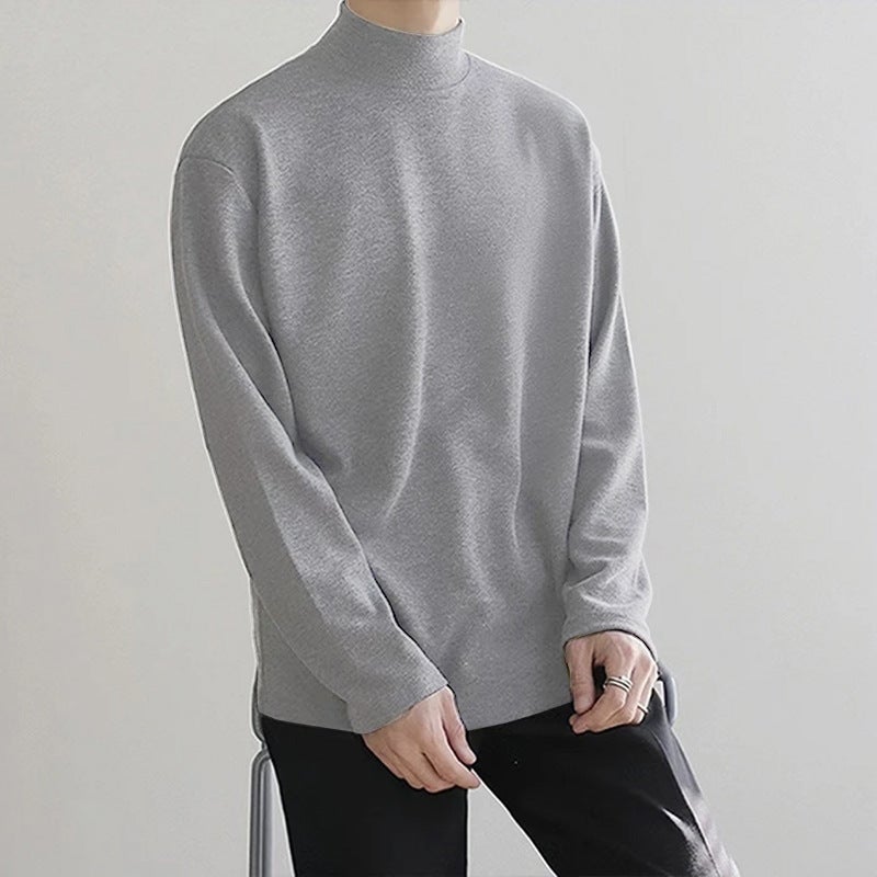 Mens One-piece Double-sided Velvet All-match Thermal Underwear Inner Base Shirt Half-high Collar Solid Color Long-sleeved T-shirt 020 light gray