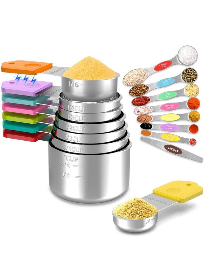Fanadith Magnetic Measuring Cups and Spoons Set, Stainless Steel 16 Piece Set, Kitchen Gadgets for Cooking & Baking, Including 8 Measuring Cups + 7 Double Sided Magnetic Measuring Spoons + 1 Leveler - Image 1