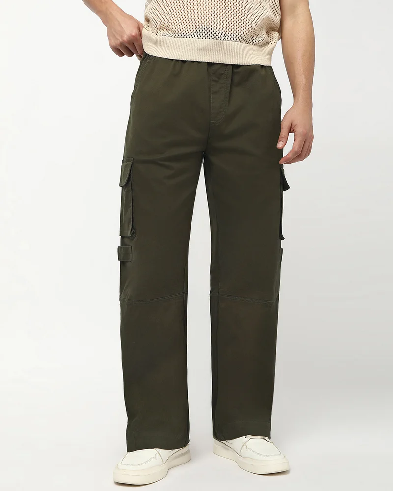 بيواكوف بنطلون رجالي واسع بقصة مستقيمة بلون الزيتون