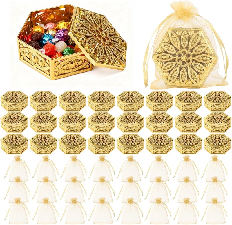 24 Golden Hexagon Treat Boxes with Organza Bags, Hollow Out Design, Tinplate Wedding Favor, Pooja, Party - Image 5