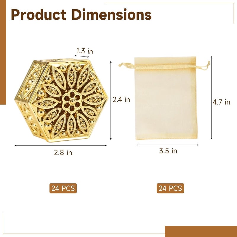 24 Golden Hexagon Treat Boxes with Organza Bags, Hollow Out Design, Tinplate Wedding Favor, Pooja, Party - Image 2