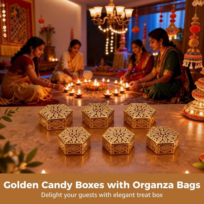 24 Golden Hexagon Treat Boxes with Organza Bags, Hollow Out Design, Tinplate Wedding Favor, Pooja, Party - Image 4