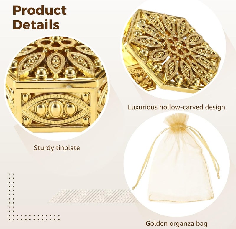 24 Golden Hexagon Treat Boxes with Organza Bags, Hollow Out Design, Tinplate Wedding Favor, Pooja, Party - Image 3
