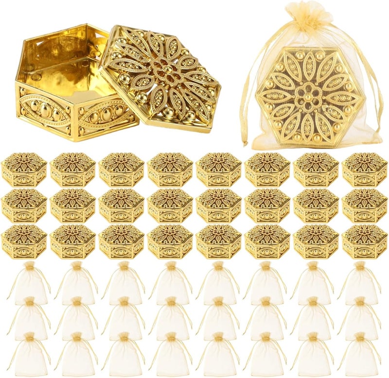 24 Golden Hexagon Treat Boxes with Organza Bags, Hollow Out Design, Tinplate Wedding Favor, Pooja, Party - Image 1
