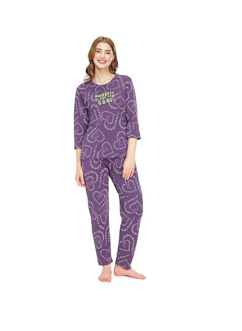 Night Suit for Women's Heart Printed Cotton Night Dress of Top and Pajama Set