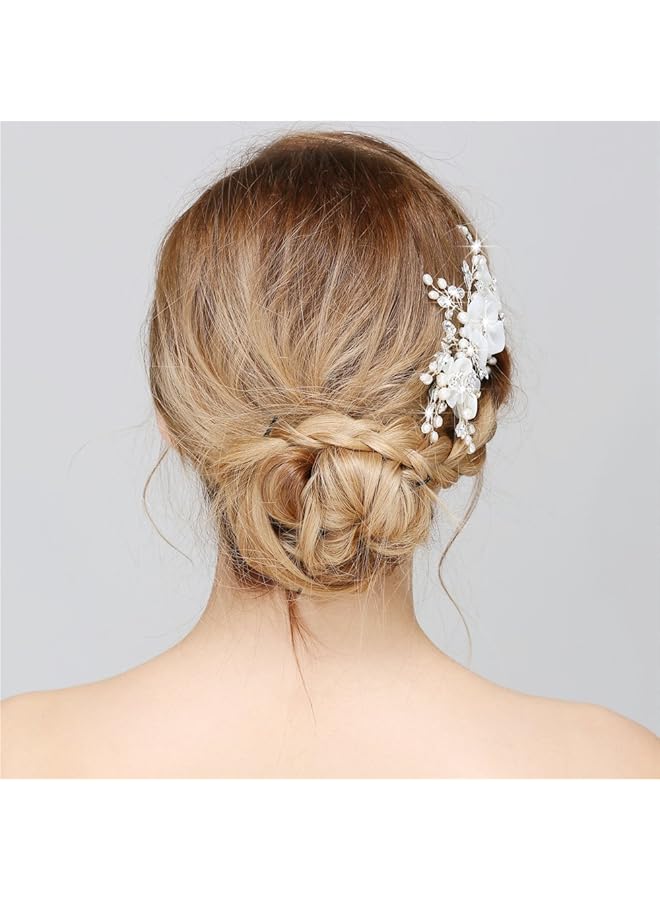 erorex Bridal Jewelery Flower Hair Combs Clip For Women'S Wedding Accessories Simulated Pearl And Rhinestones White - Image 5