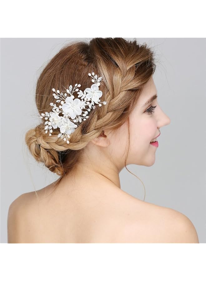 erorex Bridal Jewelery Flower Hair Combs Clip For Women'S Wedding Accessories Simulated Pearl And Rhinestones White - Image 3