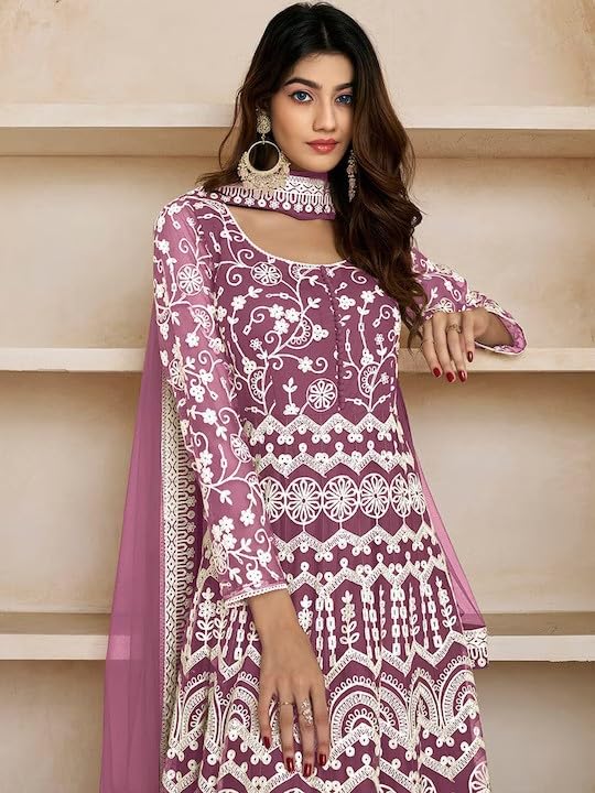 PATLANI Women's Naylon Net Embroiered Full Stitched Gown with Dupatta. Purple - Image 4
