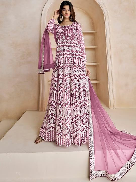 PATLANI Women's Naylon Net Embroiered Full Stitched Gown with Dupatta. Purple - Image 5