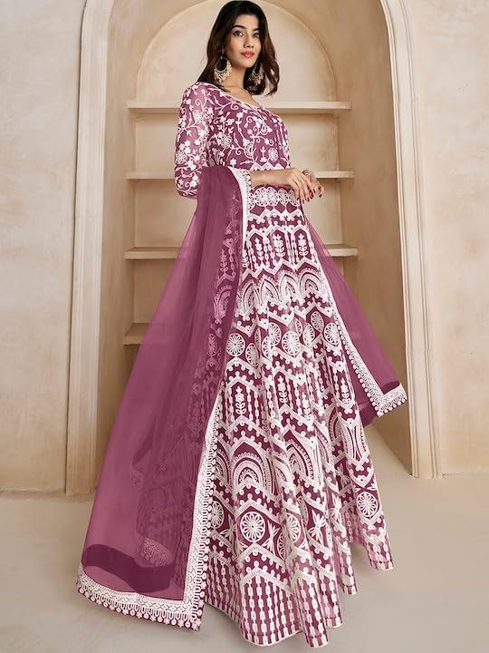 PATLANI Women's Naylon Net Embroiered Full Stitched Gown with Dupatta. Purple - Image 2