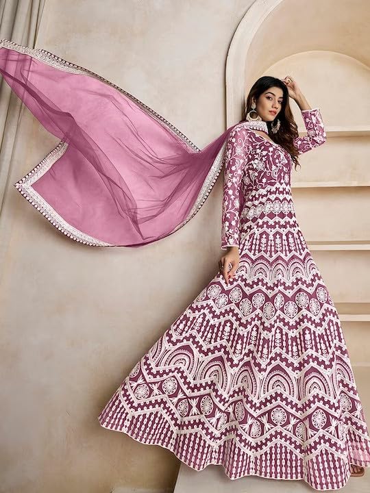 PATLANI Women's Naylon Net Embroiered Full Stitched Gown with Dupatta. Purple - Image 3