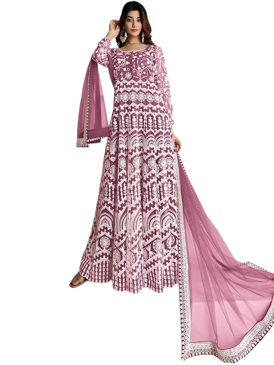 PATLANI Women's Naylon Net Embroiered Full Stitched Gown with Dupatta. Purple - Image 1