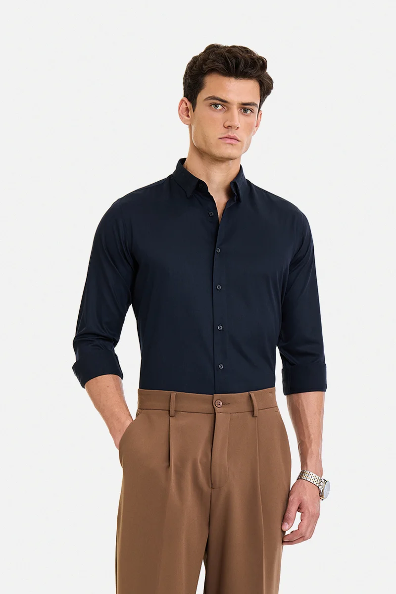 سنيتش Navy Blue Solid Long Sleeve Slim Fit Formal Shirt