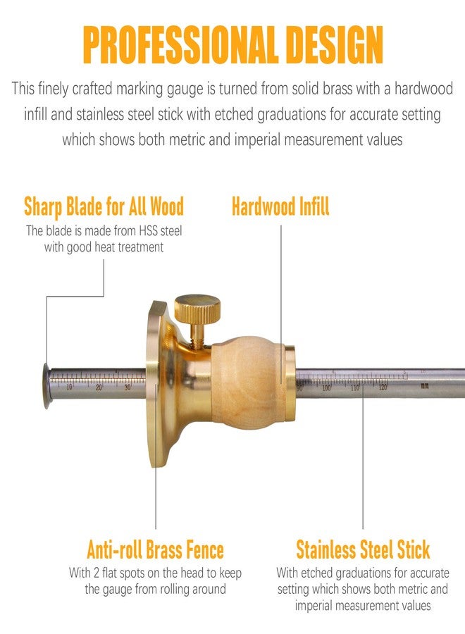 MKC Wheel Marking Gauge Kit with 2 Extra Cutter Wheels, Anti Roll Brass Head with Hornbeam Wood Holder, Metric and Imperial Micro Adjuster Ruler, Woodworking Tools Scriber for Woodwork - Image 2