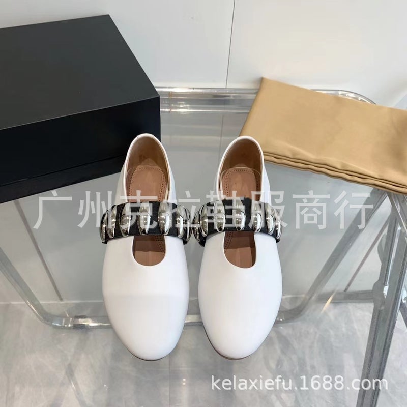 Niche Style Genuine Leather Round Toe Shallow Mouth Metal Belt Buckle Slip-On Flats Flats Loafers Ballet Shoes - Image 5